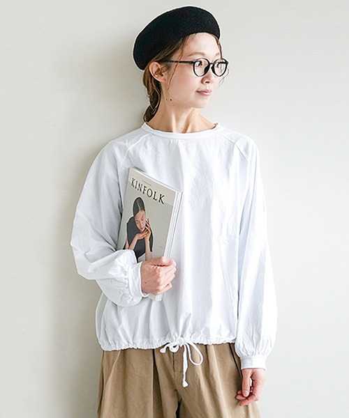 SOLAMONAT(ソラモナ)の「パフ天竺 裾ヒモ長袖 プルオーバー(Tシャツ/カットソー・レディース・杢グレー/ホワイト/ライトピンク/ライトブルー/ブラック・FREE)」の7枚目の写真