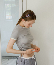 SHIRRING BUTTON LAYERED T-SHIRT_GREY