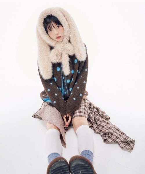 Never mind the XU / Chikashitsu+(ネバーマインド ザ エックスユー / チカシツプラス)の「【Nerd out XU】rabbit ears fur balaclava / 【ナードアウトエックスユー】ラビットイヤーファーバラクラバ <着用動画あり>(ニットキャップ/ビーニー・レディース・ホワイト/ブラウン・ONE SIZE)」の14枚目の写真
