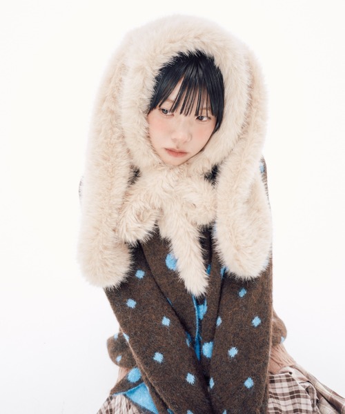 Never mind the XU / Chikashitsu+(ネバーマインド ザ エックスユー / チカシツプラス)の「【Nerd out XU】rabbit ears fur balaclava / 【ナードアウトエックスユー】ラビットイヤーファーバラクラバ <着用動画あり>(ニットキャップ/ビーニー・レディース・ホワイト/ブラウン・ONE SIZE)」の13枚目の写真
