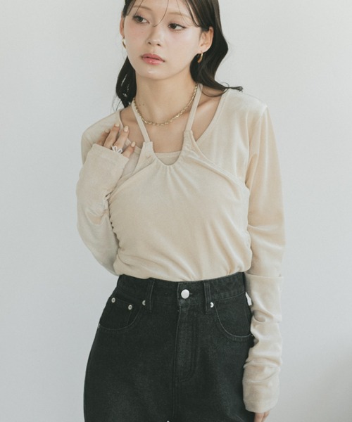 VANNIE U(ヴァニーユー)の「ホルターネックフロッキートップス/2WAY(Tシャツ/カットソー・レディース・グレー/アイボリー・FREE)」の9枚目の写真