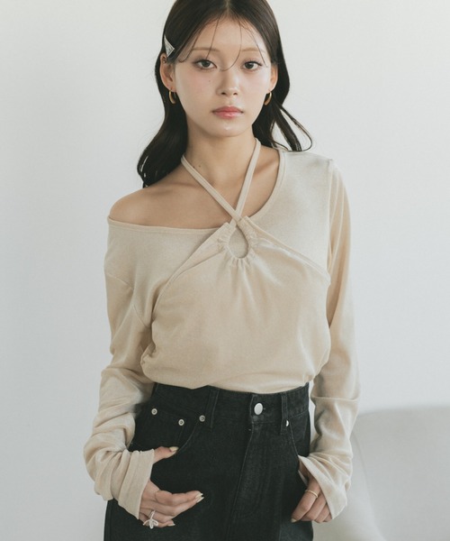 VANNIE U(ヴァニーユー)の「ホルターネックフロッキートップス/2WAY(Tシャツ/カットソー・レディース・グレー/アイボリー・FREE)」の12枚目の写真