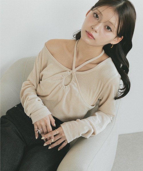 VANNIE U(ヴァニーユー)の「ホルターネックフロッキートップス/2WAY(Tシャツ/カットソー・レディース・グレー/アイボリー・FREE)」の14枚目の写真