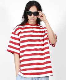 DEMARC（ドゥマーク）の「M ボールドストライプオーバーサイズ半袖Tシャツ レッド（Tシャツ/カットソー）」