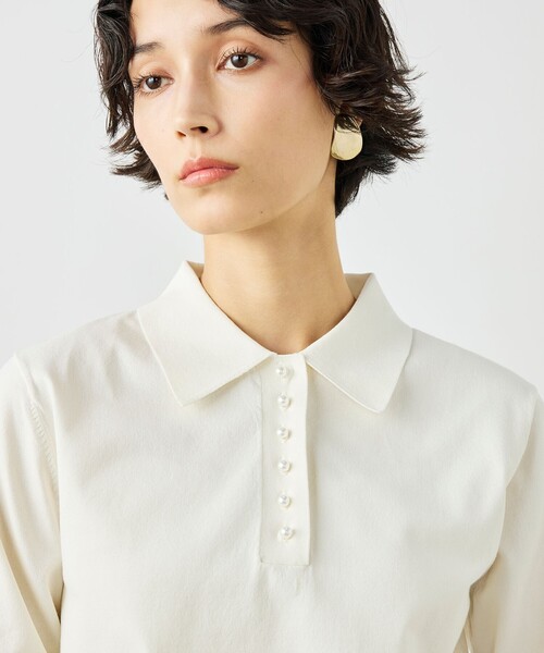 NOLLEY’S（ノーリーズ）の「《手洗い可能》コットンテックスポロニット（ニット/セーター・レディース・アイボリー/キャメル/ネイビー・38）」の2枚目の写真