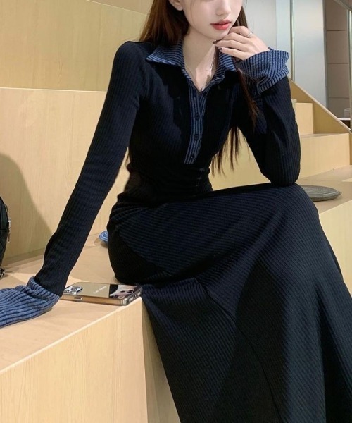 maison de LATIR（メゾンドラティール）の「華やかに彩る大人可愛いバイカラー異素材切替ニットワンピース（ワンピース・レディース・ブラック・FREE）」の5枚目の写真