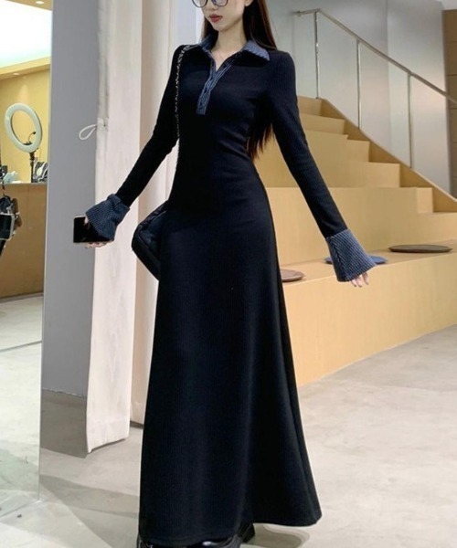 maison de LATIR（メゾンドラティール）の「華やかに彩る大人可愛いバイカラー異素材切替ニットワンピース（ワンピース・レディース・ブラック・FREE）」の6枚目の写真