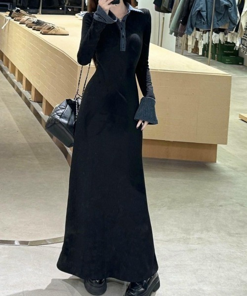 maison de LATIR（メゾンドラティール）の「華やかに彩る大人可愛いバイカラー異素材切替ニットワンピース（ワンピース・レディース・ブラック・FREE）」の8枚目の写真
