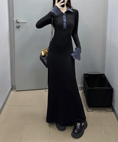 maison de LATIR（メゾンドラティール）の「華やかに彩る大人可愛いバイカラー異素材切替ニットワンピース（ワンピース・レディース・ブラック・FREE）」の10枚目の写真