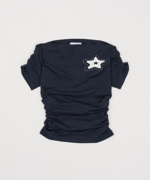 Smyeon(スミョン)の「Off-shoulder gathered tee/オフショルギャザーTシャツ(Tシャツ/カットソー・レディース・ライトブルー/ネイビー/ホワイト・FREE)」の16枚目の写真