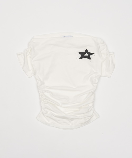 Smyeon(スミョン)の「Off-shoulder gathered tee/オフショルギャザーTシャツ(Tシャツ/カットソー・レディース・ライトブルー/ネイビー/ホワイト・FREE)」の13枚目の写真