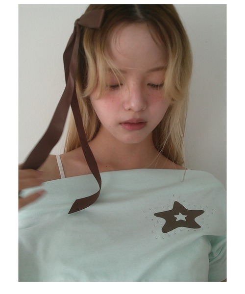 Smyeon(スミョン)の「Off-shoulder gathered tee/オフショルギャザーTシャツ(Tシャツ/カットソー・レディース・ライトブルー/ネイビー/ホワイト・FREE)」の5枚目の写真