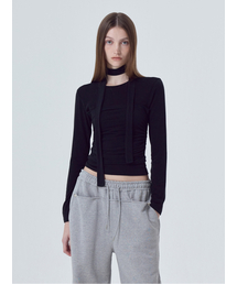 Layered Shirring Scarf T-Shirt, Black