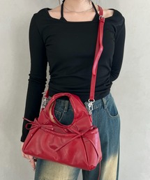 ダブルリボン 2WAYバッグ PUコンパクトハンドバッグ ショルダーバッグ