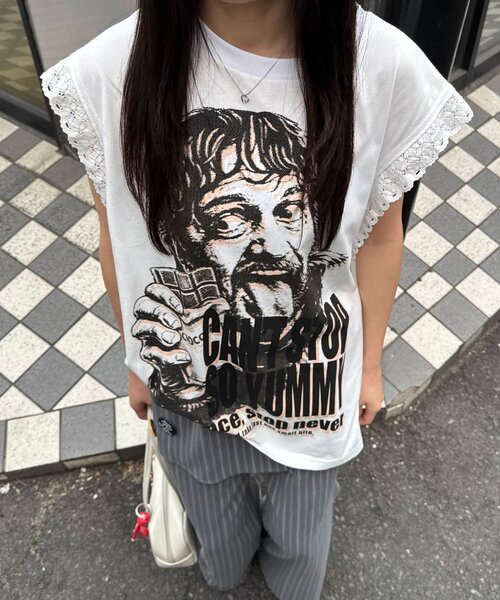 CIAOPANIC（チャオパニック）の「袖レースロゴノースリーブビッグTEE（Tシャツ/カットソー・レディース・チャコールグレー/イエロー/グレー/ホワイト・ONE SIZE）」の14枚目の写真