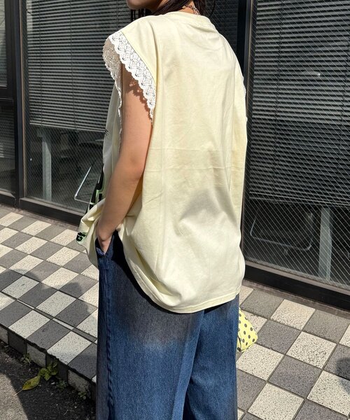 CIAOPANIC（チャオパニック）の「袖レースロゴノースリーブビッグTEE（Tシャツ/カットソー・レディース・チャコールグレー/イエロー/グレー/ホワイト・ONE SIZE）」の8枚目の写真