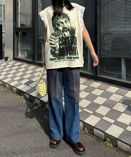 CIAOPANIC（チャオパニック）の「袖レースロゴノースリーブビッグTEE（Tシャツ/カットソー・レディース・チャコールグレー/イエロー/グレー/ホワイト・ONE SIZE）」の9枚目の写真