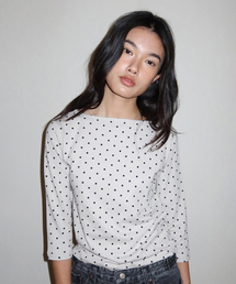 m.m.m（ムー）の「ポルカドット3/4スリーブTシャツ_ライトグレー（Tシャツ/カットソー）」