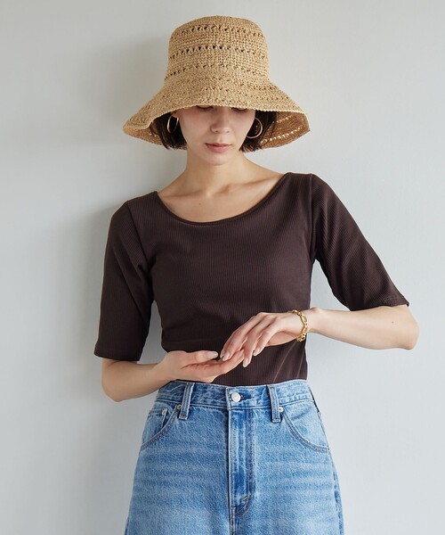 green label relaxing(グリーンレーベルリラクシング)の「カップデザインネックTシャツ / カップインナー(Tシャツ/カットソー・レディース・ブラック/ダークブラウン/オフホワイト・S/M)」の8枚目の写真