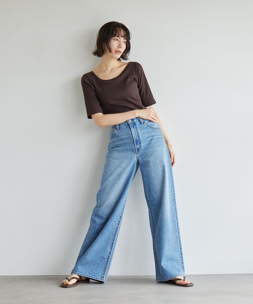 green label relaxing(グリーンレーベルリラクシング)の「カップデザインネックTシャツ / カップインナー(Tシャツ/カットソー・レディース・ブラック/ダークブラウン/オフホワイト・S/M)」の9枚目の写真