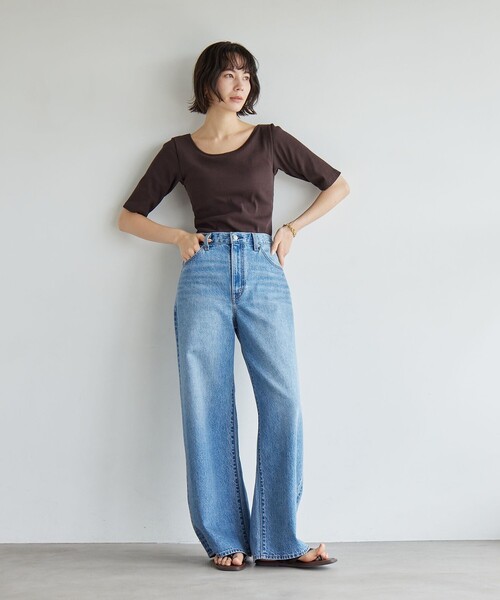 green label relaxing(グリーンレーベルリラクシング)の「カップデザインネックTシャツ / カップインナー(Tシャツ/カットソー・レディース・ブラック/ダークブラウン/オフホワイト・S/M)」の10枚目の写真