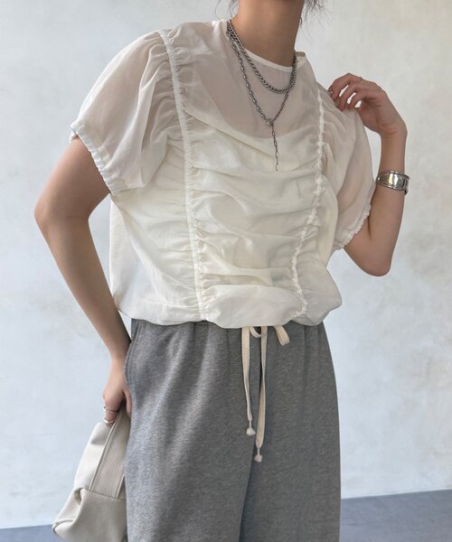 DouDou(ドゥドゥ)の「【WEB限定】キュプラ混シャーリングブラウス(シャツ/ブラウス・レディース・ネイビー/オフホワイト/ブラック・FREE)」の10枚目の写真