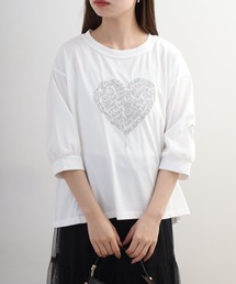 EGLANTINE 英字ハート刺繍5分袖カットソー