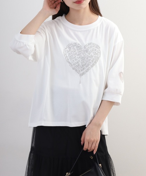 EGLANTINE(エグランティーヌ)の「EGLANTINE 英字ハート刺繍5分袖カットソー(Tシャツ/カットソー・レディース・サンドベージュ/オフホワイト/ブラック/ブラック×ホワイト・38)」の21枚目の写真
