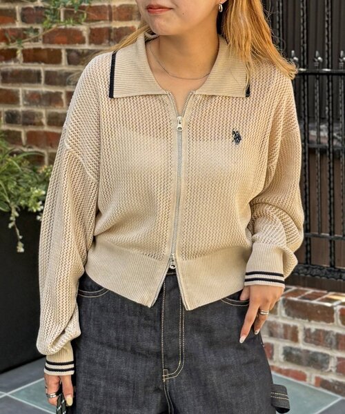 U.S. POLO ASSN.(ユーエスポロアッスン)の「襟付きメッシュカーディガン(カーディガン/ボレロ・レディース・ネイビー/ベージュ/ブラウン/グリーン系/イエロー/ダークブルー・FREE)」の3枚目の写真