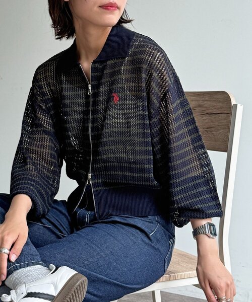 U.S. POLO ASSN.(ユーエスポロアッスン)の「襟付きメッシュカーディガン(カーディガン/ボレロ・レディース・ネイビー/ベージュ/ブラウン/グリーン系/イエロー/ダークブルー・FREE)」の1枚目の写真