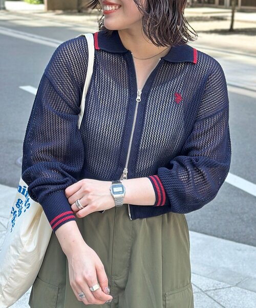 U.S. POLO ASSN.(ユーエスポロアッスン)の「襟付きメッシュカーディガン(カーディガン/ボレロ・レディース・ネイビー/ベージュ/ブラウン/グリーン系/イエロー/ダークブルー・FREE)」の5枚目の写真