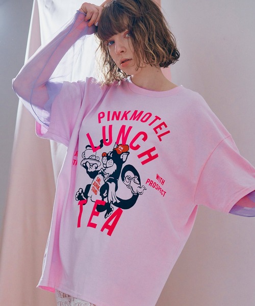 RNA(アールエヌエー)の「M2681 PINKMOTEL クロネコプリントTEE(Tシャツ/カットソー・レディース・杢グレー/ホワイト/ピンク・MEDIUM)」の3枚目の写真
