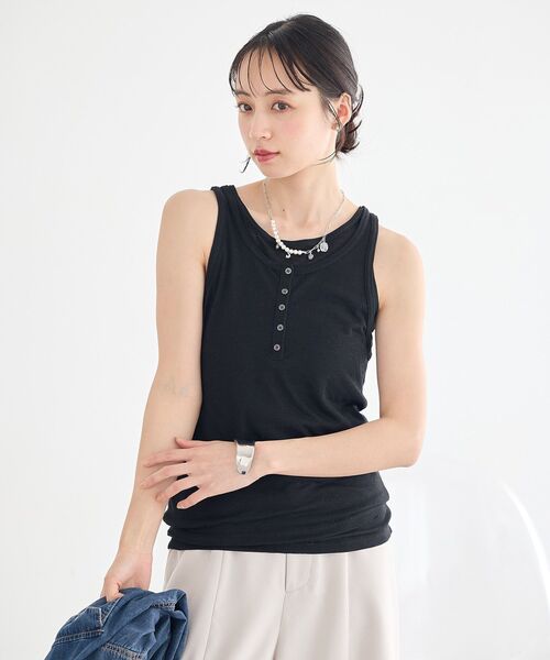 earth music&ecology（アースミュージックアンドエコロジー）の「シアーフライスレイヤードタンクトップ（タンクトップ・レディース・ブラック/ライトブルー/アイボリー/杢グレー・FREE）」の7枚目の写真