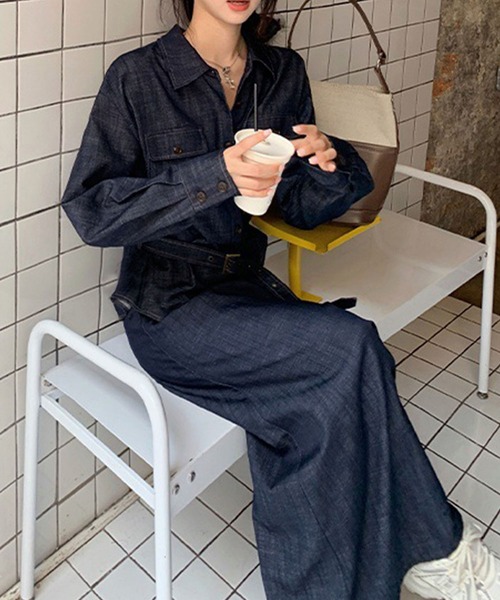 セール】【セットアップ】デニムベルト付きシャツ&ロングスカート 上下