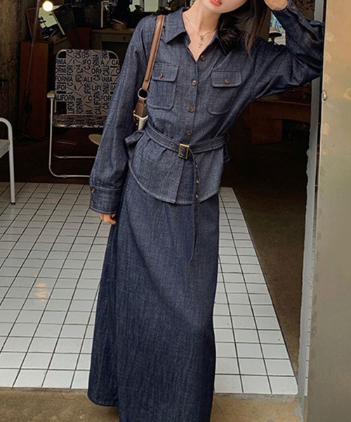 LAFFMO(ラフモ)の「【セットアップ】デニムベルト付きシャツ&ロングスカート 上下2点セット(セットアップ・レディース・ダークブルー・M/L)」の4枚目の写真