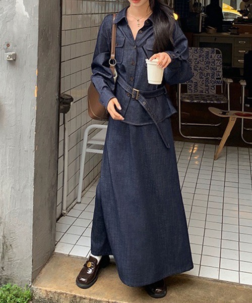 LAFFMO(ラフモ)の「【セットアップ】デニムベルト付きシャツ&ロングスカート 上下2点セット(セットアップ・レディース・ダークブルー・M/L)」の5枚目の写真