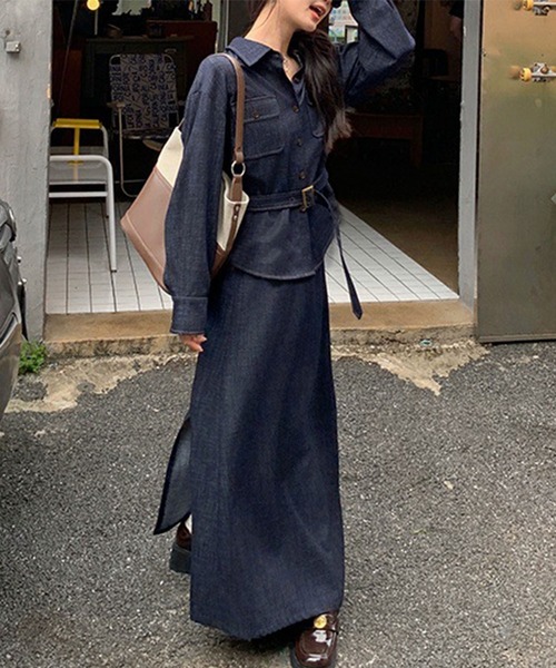 LAFFMO(ラフモ)の「【セットアップ】デニムベルト付きシャツ&ロングスカート 上下2点セット(セットアップ・レディース・ダークブルー・M/L)」の11枚目の写真