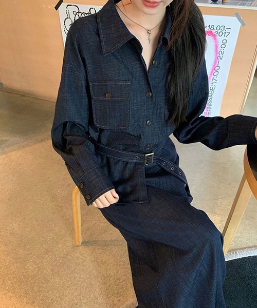 LAFFMO(ラフモ)の「【セットアップ】デニムベルト付きシャツ&ロングスカート 上下2点セット(セットアップ・レディース・ダークブルー・M/L)」の14枚目の写真