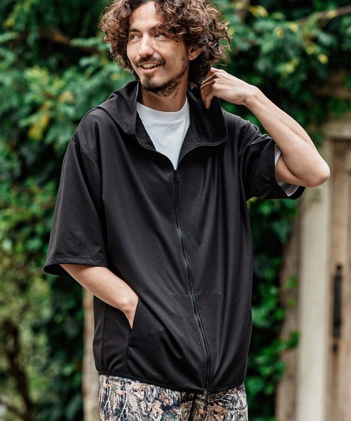 Man ソフビ服メンカラパーカー mpa4095- Stretch Mini Waffle Short Sleeve Zip Up Parka ジップ