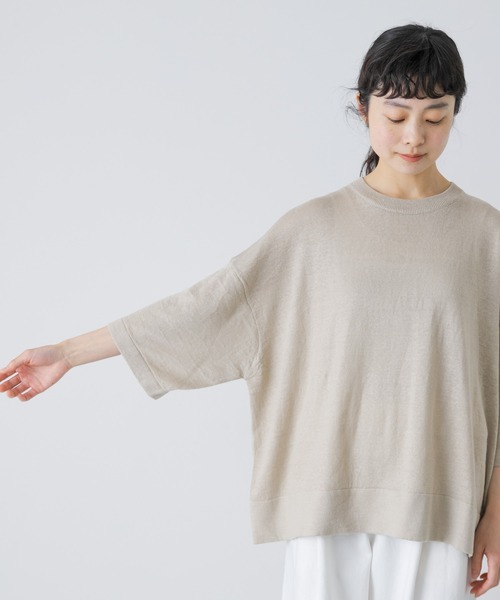かぐれ（カグレ）の「リネン半袖クルーネックニット（ニット/セーター・レディース・ナチュラル/ブラック・FREE）」の14枚目の写真
