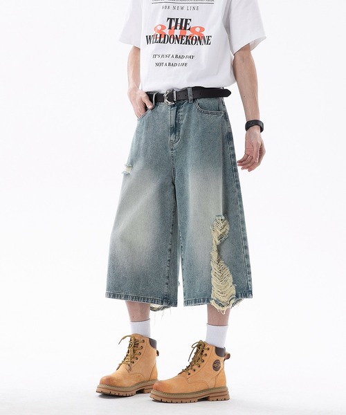 HOOK(フック)の「HOOK ダメージデニムハーフパンツ (SS)(デニムパンツ・メンズ・ブルー/ブラック・M/S/L)」の2枚目の写真