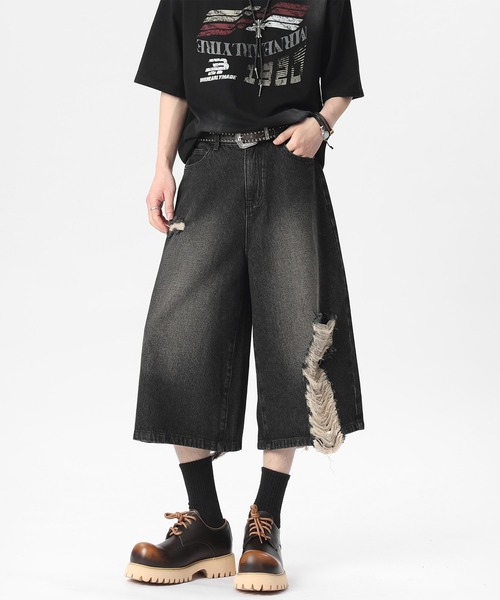 HOOK(フック)の「HOOK ダメージデニムハーフパンツ (SS)(デニムパンツ・メンズ・ブルー/ブラック・M/S/L)」の1枚目の写真