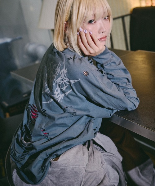 GALFY(ガルフィー)の「【GALFY】大ダメージロンTEE / 【ガルフィー】大ダメージ長袖Tシャツ(Tシャツ/カットソー・メンズ・ベージュ/ブルーグレー/チャコール・L/XL)」の22枚目の写真