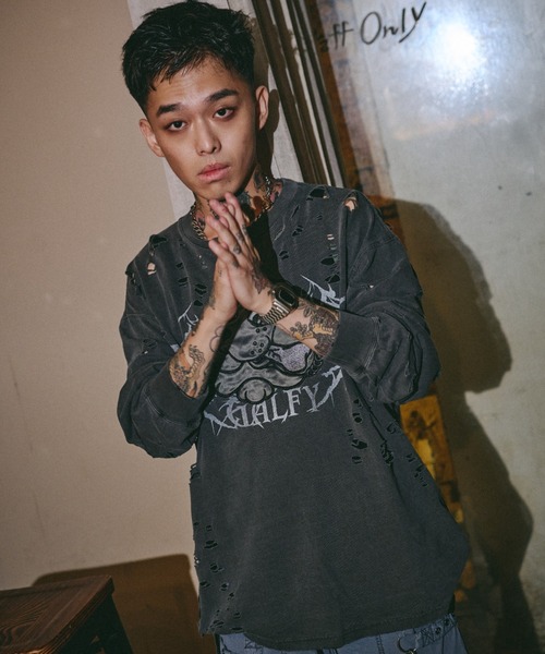 GALFY(ガルフィー)の「【GALFY】大ダメージロンTEE / 【ガルフィー】大ダメージ長袖Tシャツ(Tシャツ/カットソー・メンズ・ベージュ/ブルーグレー/チャコール・L/XL)」の6枚目の写真