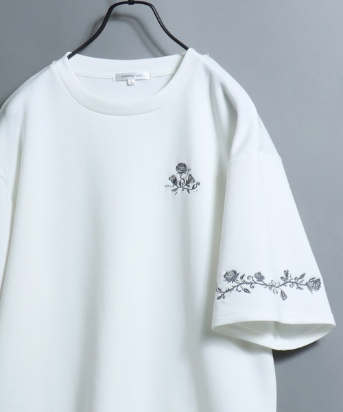 ANPAS(アンパス)の「Ponte Floral Chest & Sleeve Embroidery T-Shirt / ポンチ 〈接触冷感 吸汗速乾〉胸袖フラワー刺繍 半袖Tシャツ メンズ レディース ユニセックス クール ドライ(Tシャツ/カットソー・メンズ・ホワイト・L)」の1枚目の写真