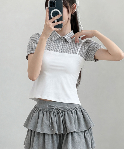 VIVID LADY(ビビッドレディー)の「チェックシャツドッキング 半袖トップス(シャツ/ブラウス・レディース・ブラック/アイボリー・FREE)」の4枚目の写真