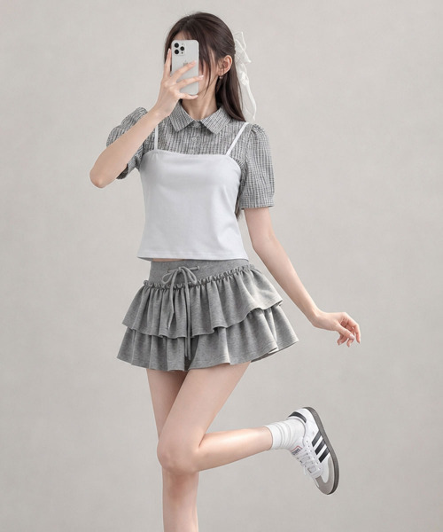 VIVID LADY(ビビッドレディー)の「チェックシャツドッキング 半袖トップス(シャツ/ブラウス・レディース・ブラック/アイボリー・FREE)」の5枚目の写真