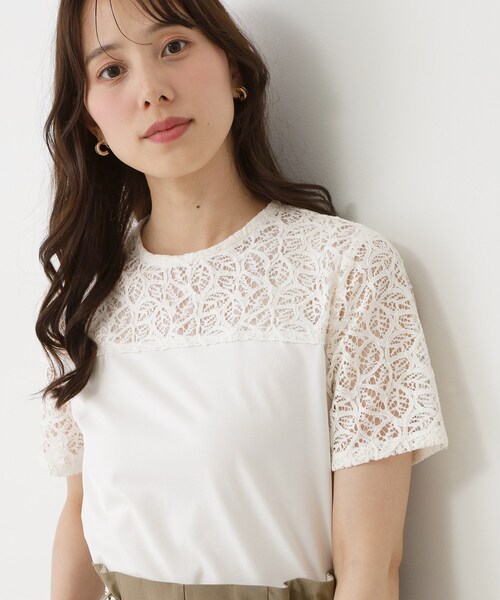COUP DE CHANCE(クードシャンス)の「【手洗い可/日本製】ラッセルレースプルオーバー(Tシャツ/カットソー・レディース・ブラック/オフホワイト・34/40/38/36)」の1枚目の写真