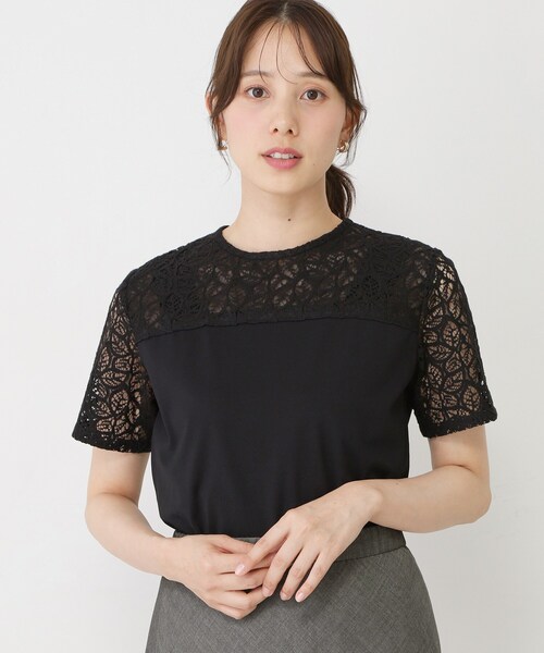 COUP DE CHANCE(クードシャンス)の「【手洗い可/日本製】ラッセルレースプルオーバー(Tシャツ/カットソー・レディース・ブラック/オフホワイト・34/40/38/36)」の2枚目の写真
