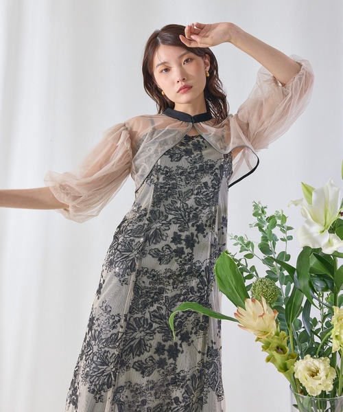Kana(カナ)の「花柄マーメイドバルーン袖ボレロワンピースドレス パーティー 結婚式 お呼ばれ オケージョン(ドレス・レディース・ブラウン/ブラック/チャコールグレー・M)」の9枚目の写真